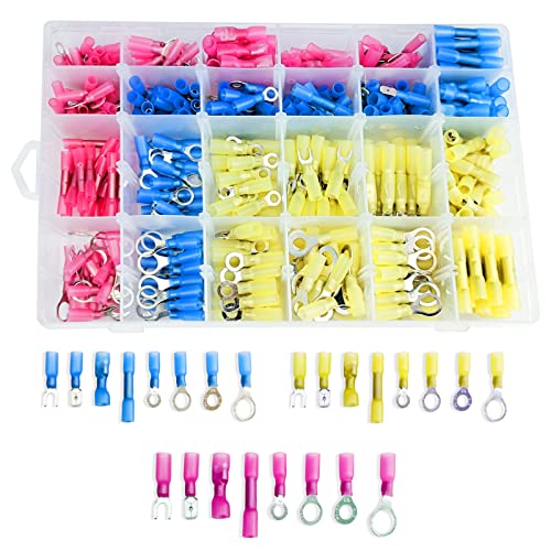 480PCS Heat Shrink Wire Connectors,Marine Grade Electrical Connectors Kit of Tinned Red Copper,Insulated Crimp Connectors Ring Fork Spade Butt Splices for Automotive Marine Boat Truck