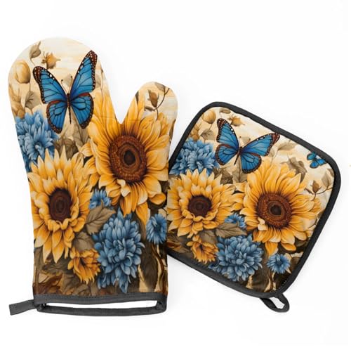 Flower Butterfly Vintage Oven Mitts Kitchen Oven Gloves for Cooking Baking Heat Proof Lining Cotton Kitchen Potholder Mittens Pot Holders Hot Pads for Chef Women Men