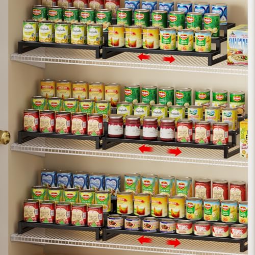 Dmevkic 3-Tier Expandable Can Organizer for Pantry,Adjustable 15”-25” Metal Can Organizer Holds Up to 24 Cans,Can Holder for Pantry Kitchen Cabinet Countertop,Black