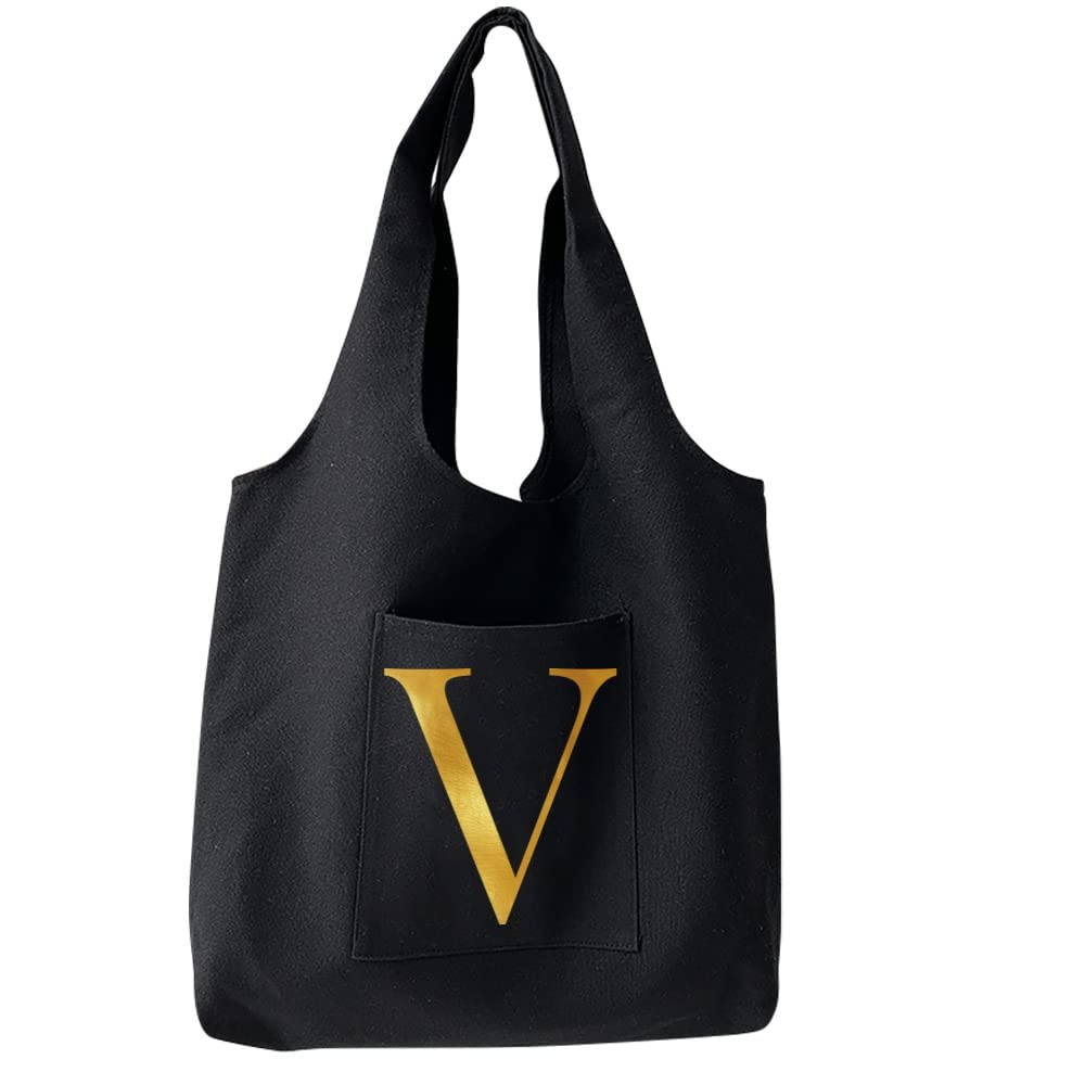 FINDING CASE Reusable Heavy Duty Shopping Medium Tote Bag 100% Cotton Canvas with Strong Matching Handles,Shopping Bags Large Capacity Canvas Tote Bags with Inner Pocket (Gold V)