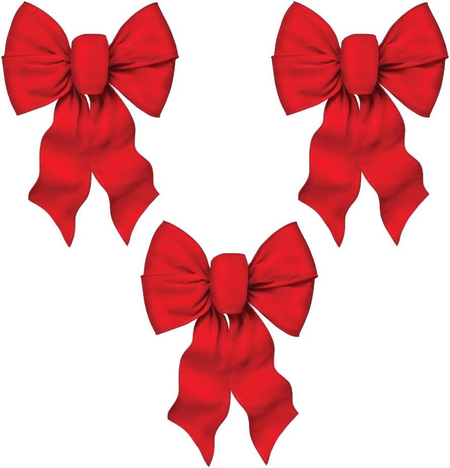 Rocky Mountain Goods Large Wired Red Bow (Pack of 3) - 12" Wide by 18" Long - Christmas Wreath Bow - Great for Large Gifts - Indoor/Outdoor - Waterproof Velvet - Attachment Tie