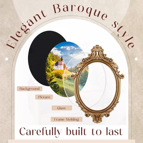 Image of Wonderjune 7x9 Inch Vintage Oval Gold Picture Frame, Carved Resin Antique Ornate Frame for Tabletop or Wall Hanging Display, Victorian Baroque Home Decor