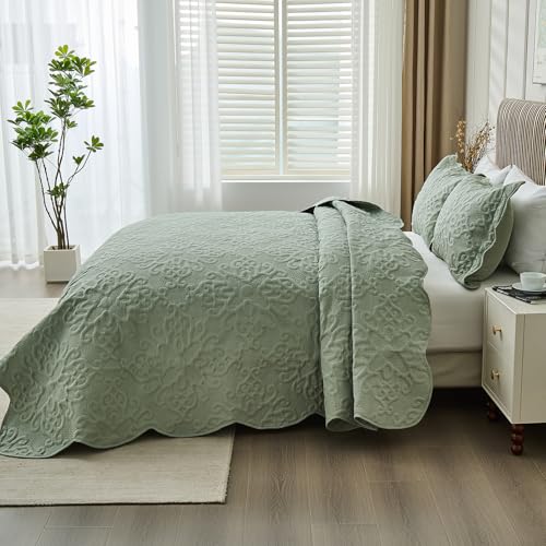 Image of Oversized California King Bedspreads 120x120 for Extra Tall Split Cal King Bed Lightweight Quilted Coverlet Set 3 Pieces 1 Quilt 2 Pillow Shams Sage