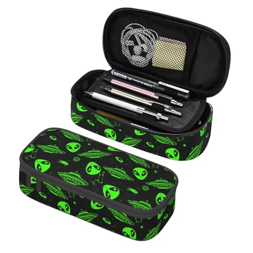 Image of Green Ufo Alien Star Large Pencil Case With Zipper Compartments Stationery Pencil Bag For Kids Teens Students School Supplies
