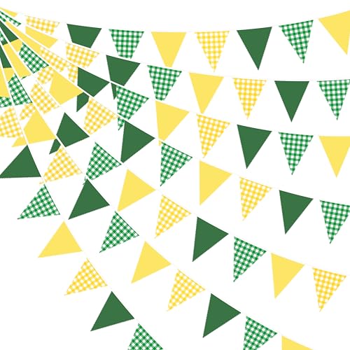 32Ft Yellow Green Party Decorations Green Yellow Gingham Banner Buffalo Plaid Checkered Triangle Flag Pennant Fabric Garland Streamers for Master Golf Birthday Tractor Picnic Golf Decor Supplies