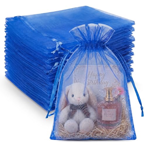 Image of Crweety Royal Blue Organza Bags 8x12 Inch 50 Pack, Large Mesh Gift Bags for Jewelry Sachet, Elegant Small Mesh Bag Drawstring for Candy Wedding Party Favor, Bridal Shower, Baby Shower & Graduation