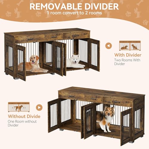 Dog Crate Furniture for 2 Dogs, 71'' XXL Indoor Dog Kennel with 3 Drawers and Removable Room Divider, Wooden Double Dog Crate TV Stand End Table with Double Doors for Large Medium Dogs, Rustic Brown