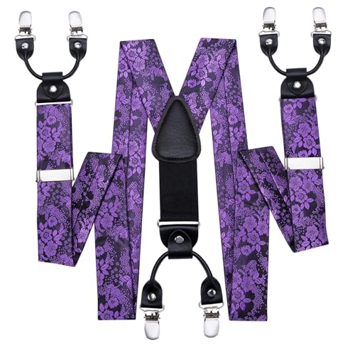 Image of Hi-Tie Men's Suspenders and Tie Set Silk Adjustable Elastic Y Braces with Strong 6 Clips Pocket Square Set