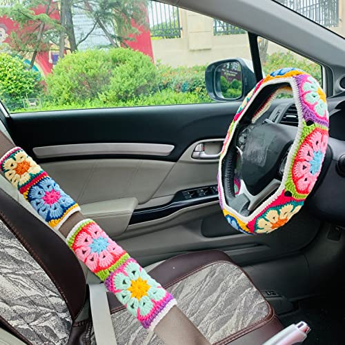 OnEternal Handmade Crochet Steering Wheel Cover Galsang Flower Flower. (Steering Wheel Cover + 2 Seat Belt Cover)