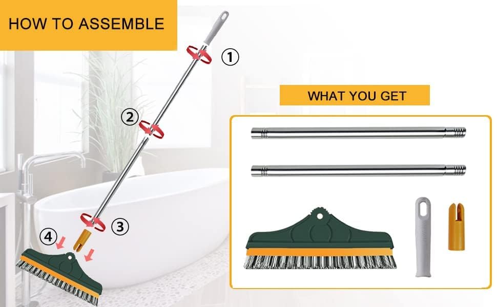 Image of KESI Ornaments 2-in-1 Bathroom Cleaning Brush with Wiper & Long Handle - Bathroom Cleaning Brush, 180 Rotate Toilet Brush, Tiles Cleaner, Wiper Floor Scrub for Kitchen, Upgraded Cleaning Accessories