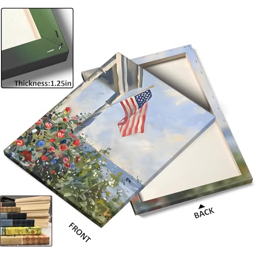 Image of Memorial Day Canvas Wall Art, Porch View American Flag Print, Coastal Garden Flowers Flag by the Sea Poster, Independence Day Gifts Print Artwork for Lakehouse or Summer Entryway Decor 16x20inch
