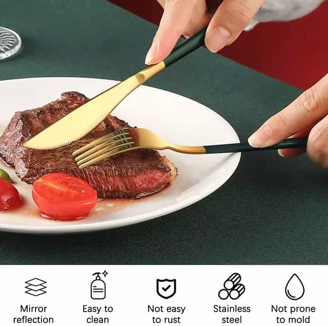 Image of aDai Premium Gold SUS304 Stainless Steel Cutlery Set - 8 Spoons, 4 Fork, 4 Steak Knife - Mirror Finish Dinnerware Flatware (Green - Set of 16)