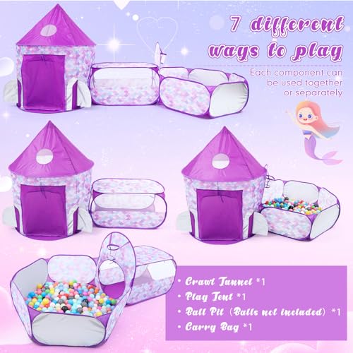 VercanMonth 3 in 1 Kids Play Tent with Tunnel and Ball Pit for Toddlers Mermaid Play Tunnel and Baby Ball Pit Pop Up Playhouse Tunnel Toy with Carry Bag for Boys and Girls Indoor Outdoor - Thumbnail 2