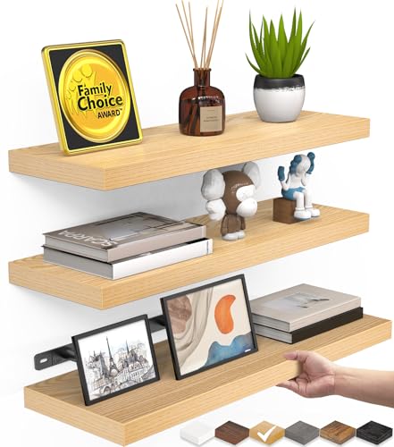 Image of BAYKA Floating Shelves for Wall, Wall Mounted Rustic Wood Shelves for Bathroom, Bedroom, Living Room, Kitchen,Small Hanging Shelf for Books /Storage /Room Decor (Light Oak-Toned, Set of 3, 15.7in)