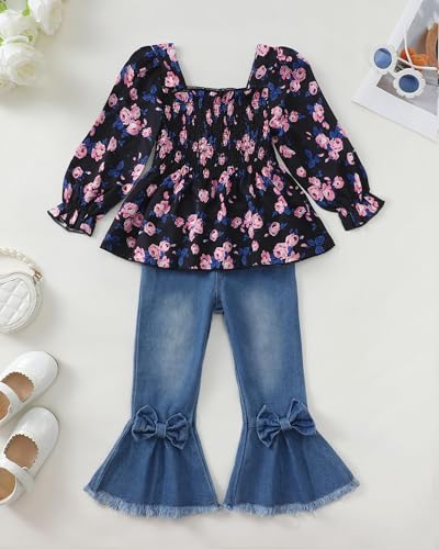 Image of Kucnuzki Toddler Kids Girl Clothes Long Sleeve Shirt Tops Baggy Jeans Cute Pants Set Baby Girl Outfit 2 Piece Clothing