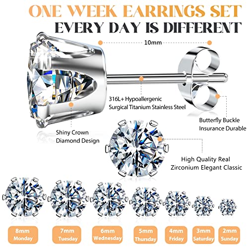 Silver Gold Black Stud Earrings Set 7Pairs Hypoallergenic Cubic Zirconia Titanium Stainless Steel Silver Rose Gold Black… - Image 3