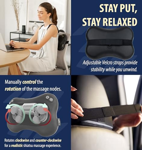 Image of Zyllion Shiatsu Back and Neck Massager with Heat - Cordless Rechargeable 3D Electric Kneading Deep Tissue Massage Pillow with 2 Speeds for Muscle Pain Relief, Black, ZMA-34RB