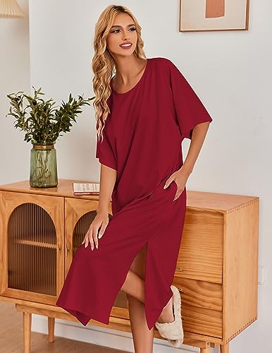 Image of Ekouaer Women's Nightgown Short Sleeve Sleepshirt Long Loungewear Casual Maxi Lounge Dress House Dresses with Pockets