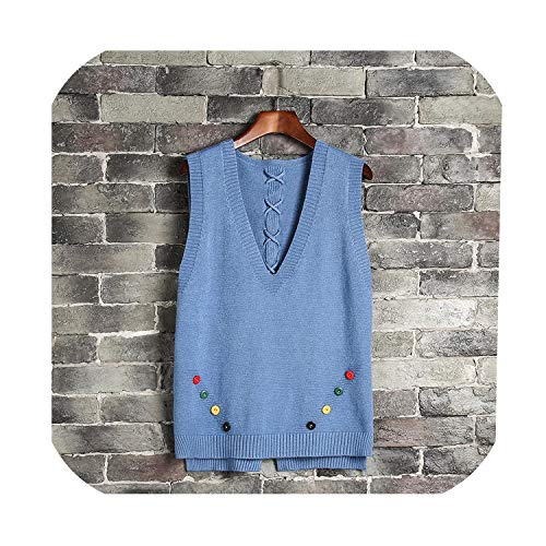 Sweater Vest Womens Autumn Winter Buttons Pullovers Sleeveless Lace Up Tops Knitted Vest,Blue,L