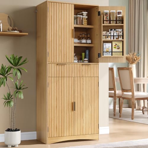 Image of Marsail 72" Tall Kitchen Pantry Cabinet, Spacious Storage Cabinet with a Drawer, 4 Adjustable Shelves, 6 Door Shelves, Anti-Tip Safety, Fluted Cabinet for Kitchen, Dining, and Living Room, Natural