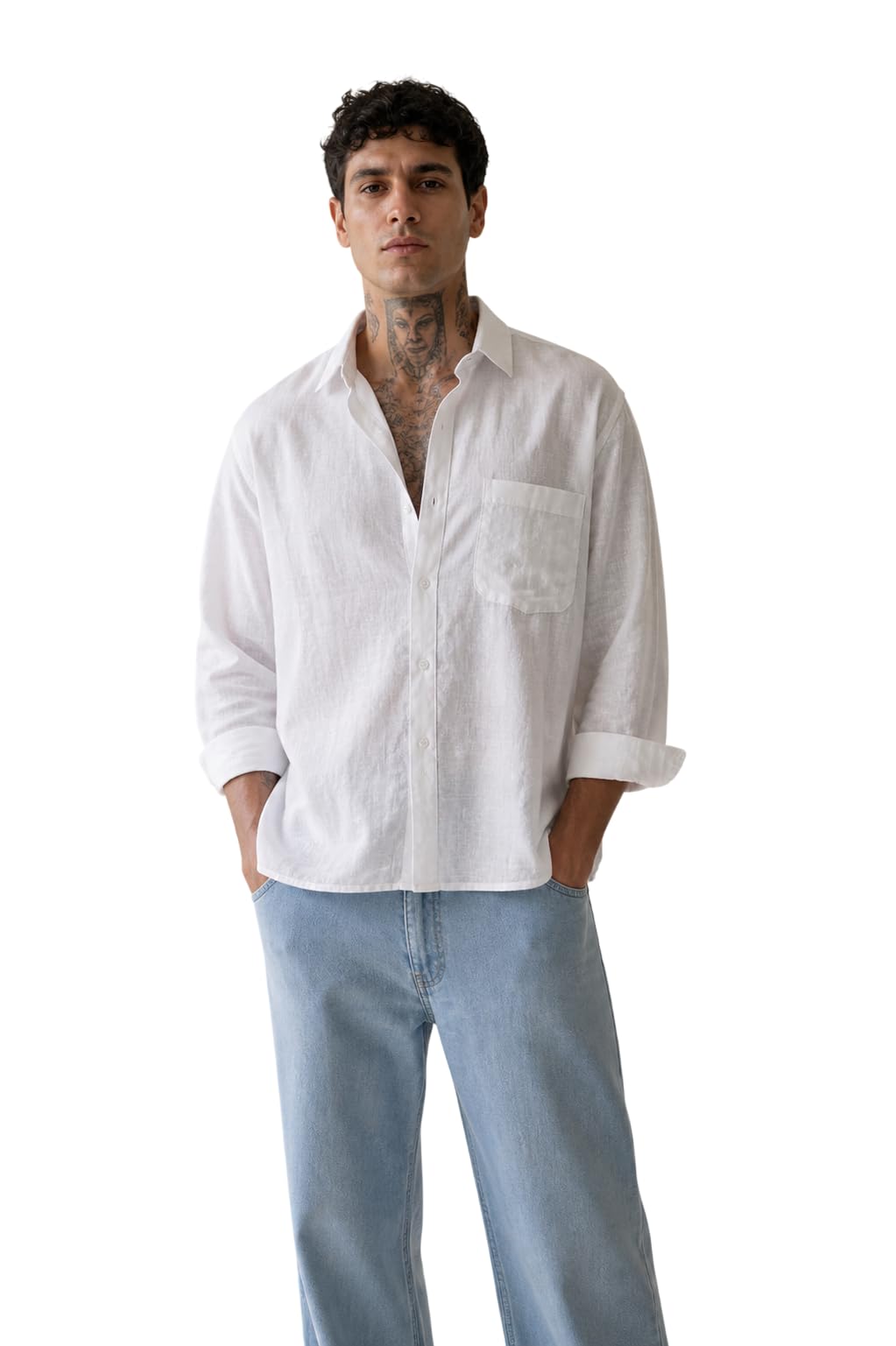 White Boxy Fit Linen Shirt for Men | Full Sleeve Button Down Breathable Linen Fabric Relaxed Oversized Silhouette | Contemporary Street Style Shirt-image-26