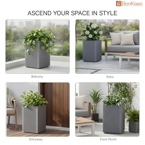 Image of BonKaso 18 Inch Rolex Tower Planter for Indoor & Outdoor Use | Tall Square Heavy Duty Polymer Flower Pot | Weather Resistant Modern Planter for Living Room, Balcony, Terrace & Office Decor(Light Gey)