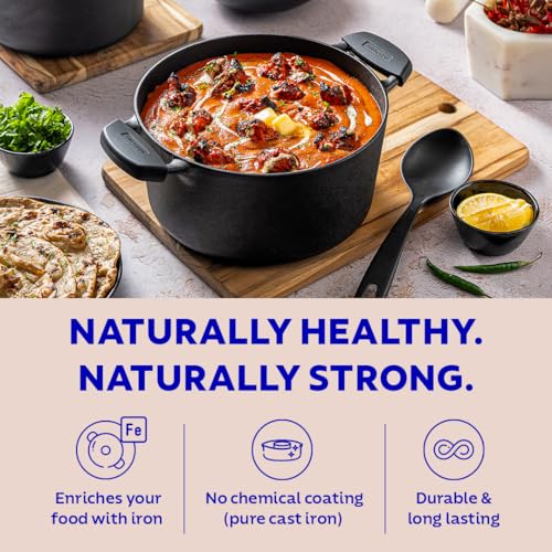 Image of Tramontina TITANEX 20cm / 3.1L Pre-Seasoned Heritage Cast Iron Casserole with Toughened Glass Lid | Gas /Induction Compatible Biryani Pot | Stock Pot with Snap-On Silicone Grips | Life-Time Warranty