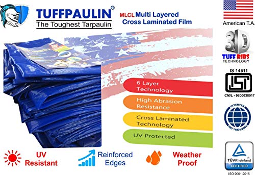 Image of TUFFPAULIN 12FT X 9FT 120 GSM Blue Heavy Duty Tarpaulin Tirpal Tadpatri Tharpai Thadika, Extra Strong, Eyelets, UV Resistant, 100% Waterproof Virgin, 6 Layer MLCL 3D Rib Technology-1 No.