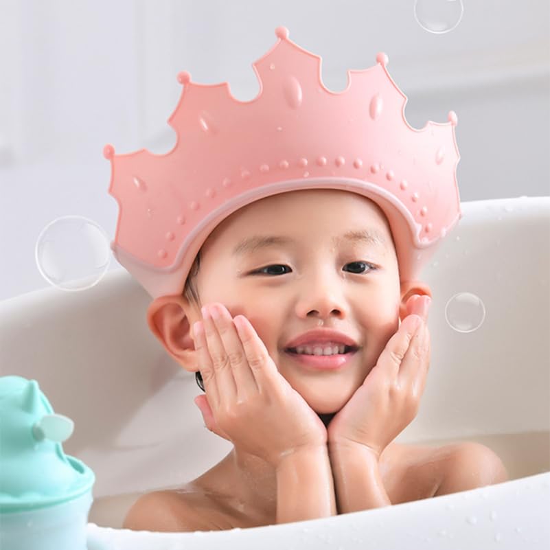 Image of MERRYHAPY Adjustable Soft Rubber Baby Shower Cap Crown Shape Toddler Shampoo Hat Eye and Ear Protection Kids Bath Visor Pink