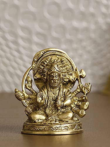 Image of eCraftIndia Golden Brass Handcrafted Sitting Panchmukhi Hanuman Statue - Bajrangbali Religious Idol Murti - Perfect for Home, Office Entrance, Pooja Room, Temple Mandir - Ideal for Gift Purpose