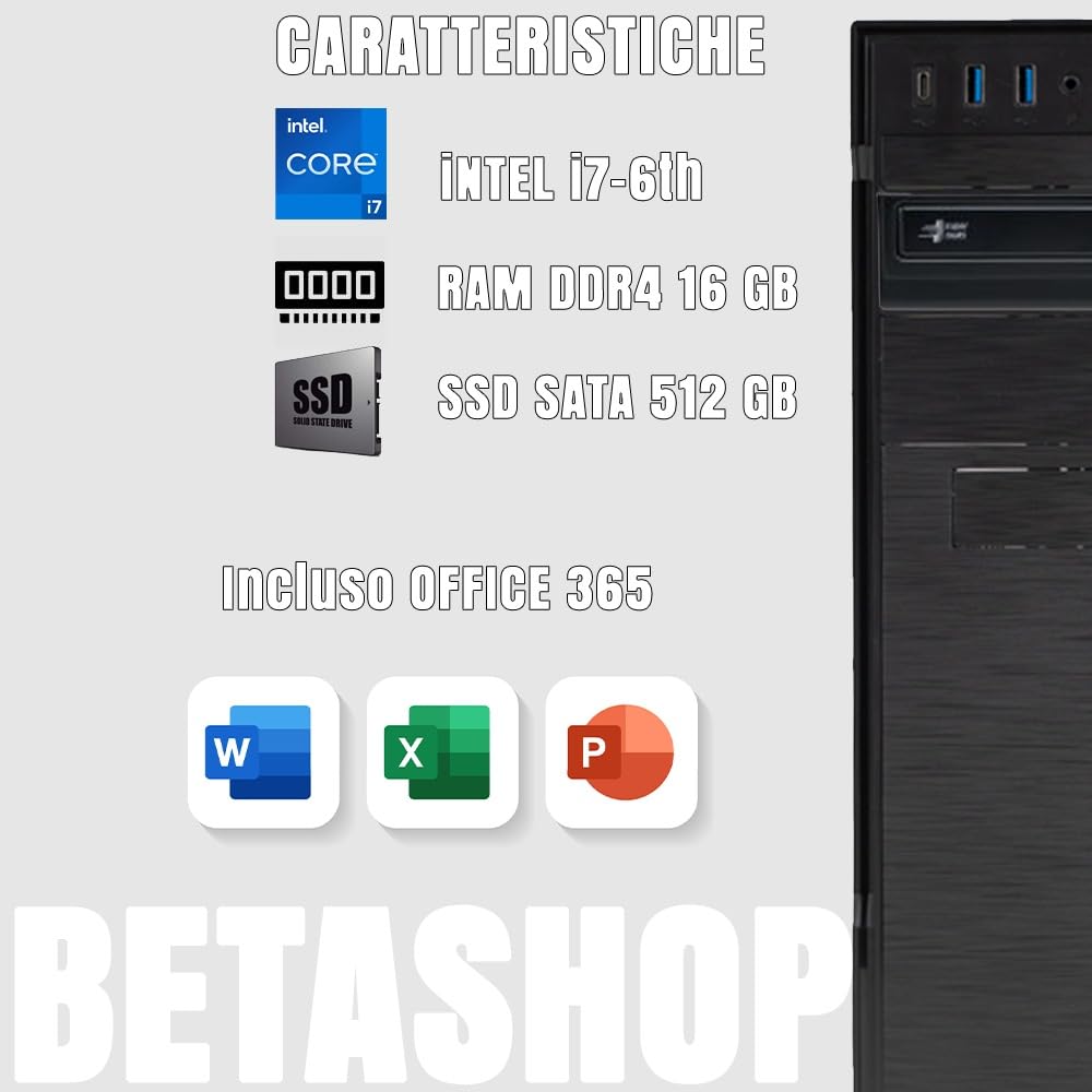 PC Fisso Desktop NUOVO pronto all'uso • Intel core i7-6th • 16GB RAM DDR4 • 512GB SSD • Windows 11 Pro • Office 365 • WiFi • DVD • USB 3.0 • Ideale per smartworking e ufficio • Garanzia 2 anni