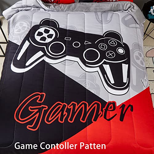 Akkialla Gaming Comforter Sets For Kids Teen Boys,Video Games Controller Pattern Bedding Set For Room Decor, Full Size 3-Piece Reddish Black Gamer Comforter With 2 Pillowcases,All Season(Red,Full) #TOP2