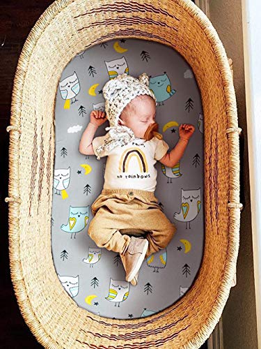 Stretchy Bassinet Sheet Set BROLEX 2 Pack Snug Fitted Cradle Fitted Sheets for Bassinet Pads/Mattress, for Boys Girls,Unisex,Ultra Soft Breathable,Owl Bear - Thumbnail 2