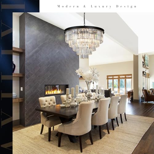 Image of Large Crystal Chandelier Modern Black 30 inch Round Light Fixture Staircase