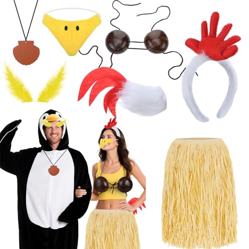 Mepase 8 Pcs Halloween Couple Costume Chicken Penguin Costume Accessories Include Chicken Headband & Tail Coconut Bra Hawaiian Grass Skirt Set for Adults Cosplay Party