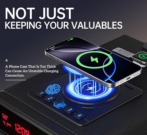 Biometric Smart Safe with Wireless Charging for Phone and Watch, 3 Quick Access Stopbox with Fingerprint Backlit Keypad - Compact Nightstand Drawer with LED Light, 24/7 Digital Clock, Bedside, Office