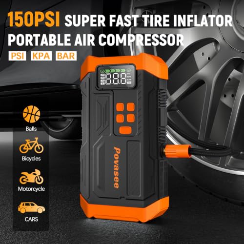 Image of 5000A Jump Starter with Air Compressor,Car Jumper Starter Portable with 150PSI Tire Inflator 12V Jump Box (Up 9L Gas /8L Diesel Engine with LCD Display,Flashlight,Storage Case（Orange
