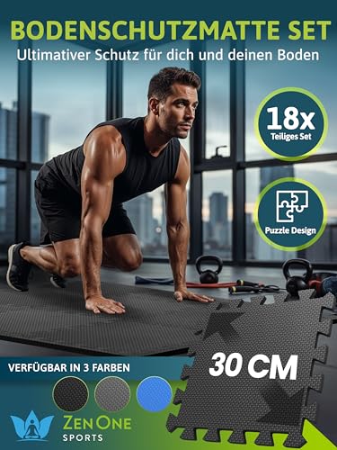 ZenOne Sports® Bodenschutzmatte Fitness I Puzzlematte Boden - 30x30x1cm I Individuell verlegbare Trainingsmatte für dein Home Gym I Robuste Bodenmatte für Sportgeräte, Schaumstoffmatte