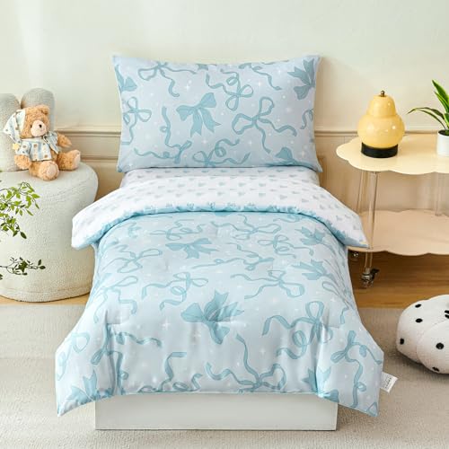 Image of PERFEMET 4 Pieces Light Blue Toddler Comforter Set for Girls, Reversible Blue Bow Printed Toddler Bedding Sets with Sheets, Ultra Soft Lightweight Baby Girl Bed Set for All Seasons