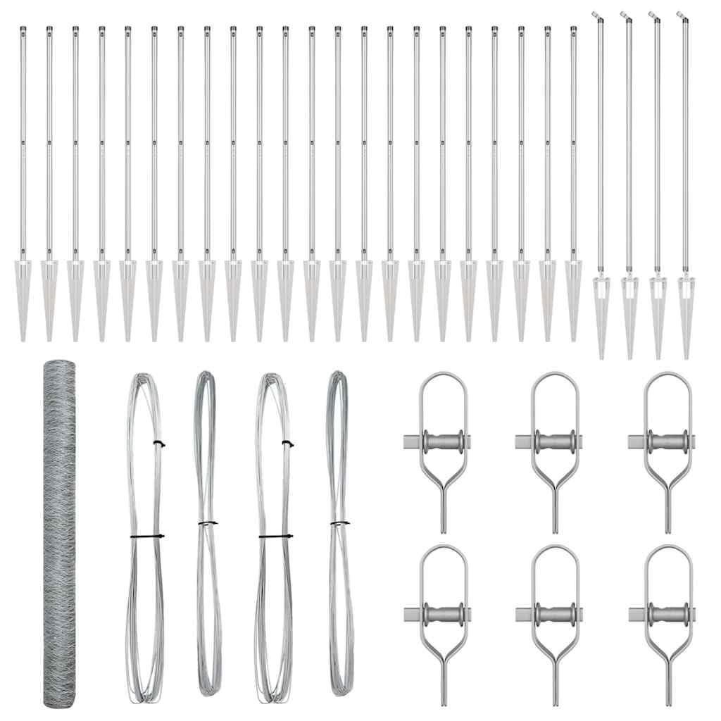 Steel Fence Post Silver 50 x 1.5 m 50 mm Mesh Outdoor Garden Enclosure Set with 52 Spike Posts for Security and Boundary