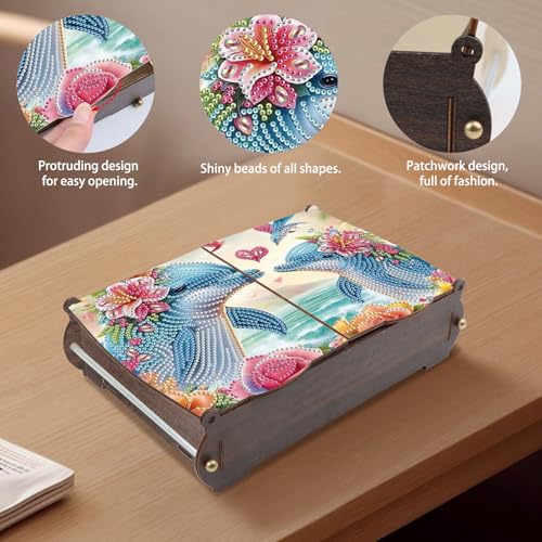 Image of Diamond Painting Kit Wooden Storage Box, Dolphin DIY Special Shaped Diamond Flip Cover Wooden Money Box, Handmade Art Desktop Decorations Birthday Gifts for Friends