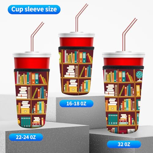 Image of 3 Pack Reusable Neoprene Insulator Sleeve for Iced Coffee Cups, Funny Coffee Cup Sleeves for 16-32oz Coffee cups, Cute Drink Sleeve for Cold Hot Beveragesc Cute Bookshelf