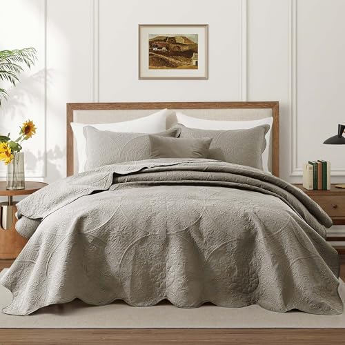 IR Imperial Rooms Twin Quilt Bedding Set Size (68” x 86”) + 1 Pillow Shams (20” x 26” + 2”) - 2 Pcs All Season Lightweight Reversible Microfiber Coverlet Floral Embossed Quilt Bedspread (Beige)