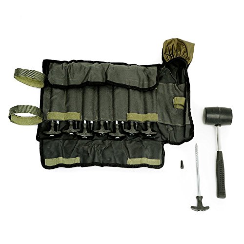 Lucx® Heringe-Set 14-TLG. inkl. Gummihammer und Tasch für Bivvy Erdnägel Zeltnägel für Angelzelte T - Pegs für Karpfenzelte