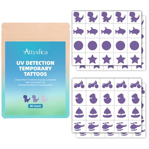 80 Count UV Temporary Tattoos Stickers for Sunscreen - UV Detection Tattoos Stickers Sun Protection Reminder Know When to re-Apply Sunscreen 8 Pattern Types Transparent before Color Change