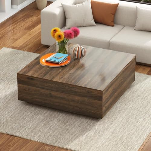 43 Inch Large Square Coffee Table with Storage,Modern Wooden Coffee Tables with 2 Drawers Storage for Living Room,Mid Century Tea Table/Aesthetic Coffee Table Center Table for Home Office(Walnut)