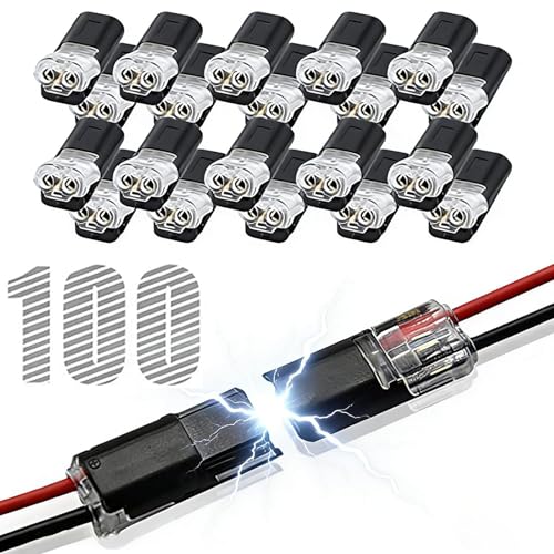 100pcs Double Wire Plug in Connector with Locking Buckle Quick-Clip Fasteners Multi-Purpose Snap-On Blocks for Strip Lights DIY Crafting Low-Voltage Decor & Model Kits 2 Pin