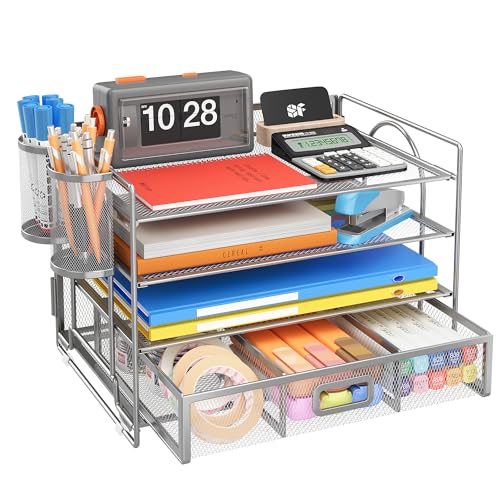 VITVITI Mesh Desk Organizer with Drawer, 4 Tier Desk Tidy Desktop Stationary Organiser Desk Tidy Organiser Storage with 2 Metal Mesh Pen Pencil Holders Pen Pot for Desk,Home, School,Office Accessories