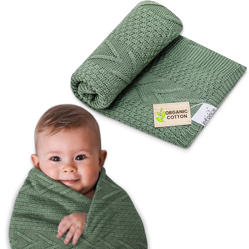 Image of Organic Cotton Baby Blanket - 31.5 x 43.3 Inches, Soft Knitted Crib Blanket for Boys & Girls, Breathable Design (Green)