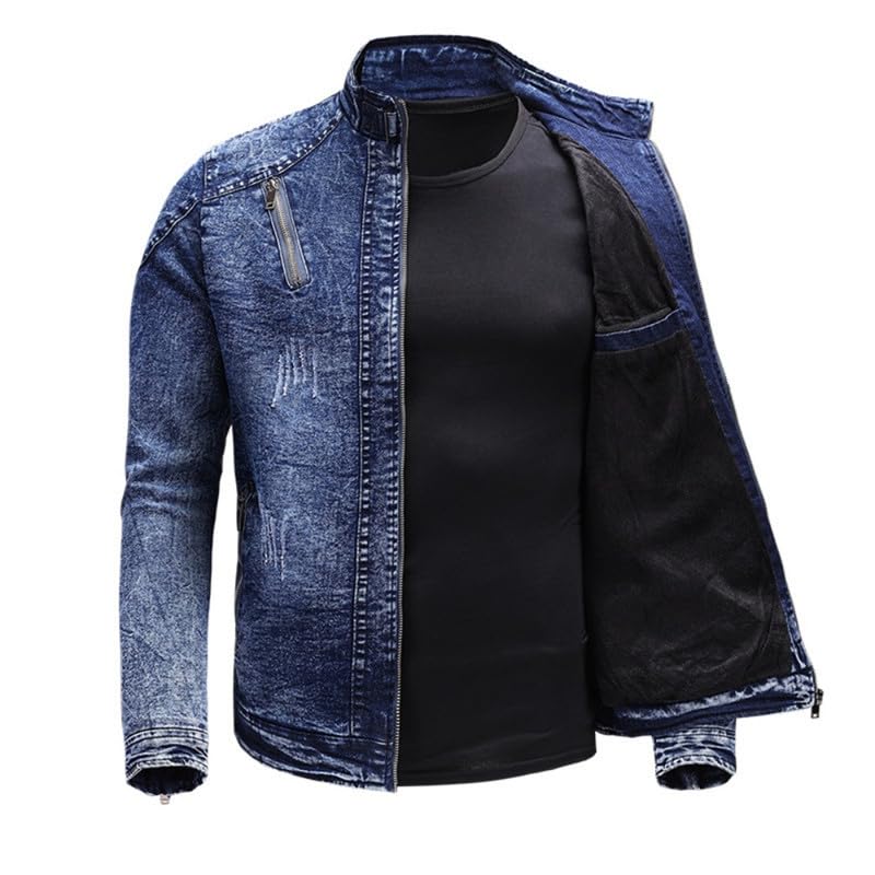 Dninmim Men's Solid Long Sleeves Denim Jacket Vintage Warm Slim Stand Collar Coats4